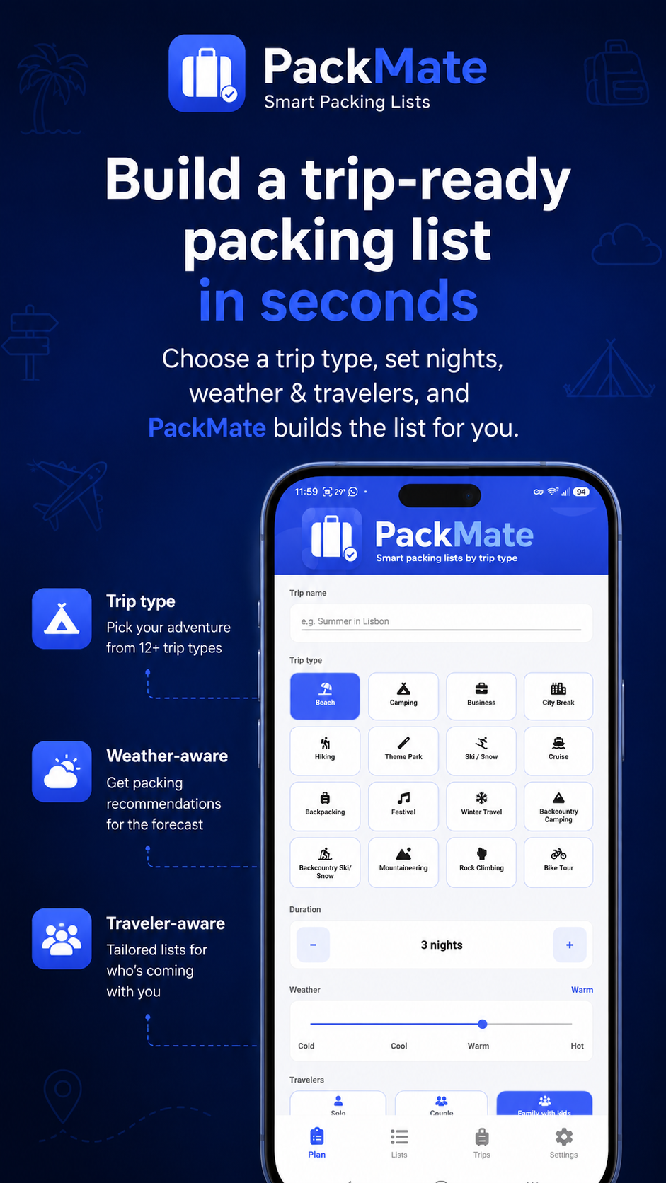PackMate — build a trip-ready packing list in seconds